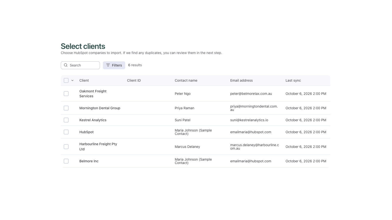 HubSpot companies ready to import as clients in Ignition