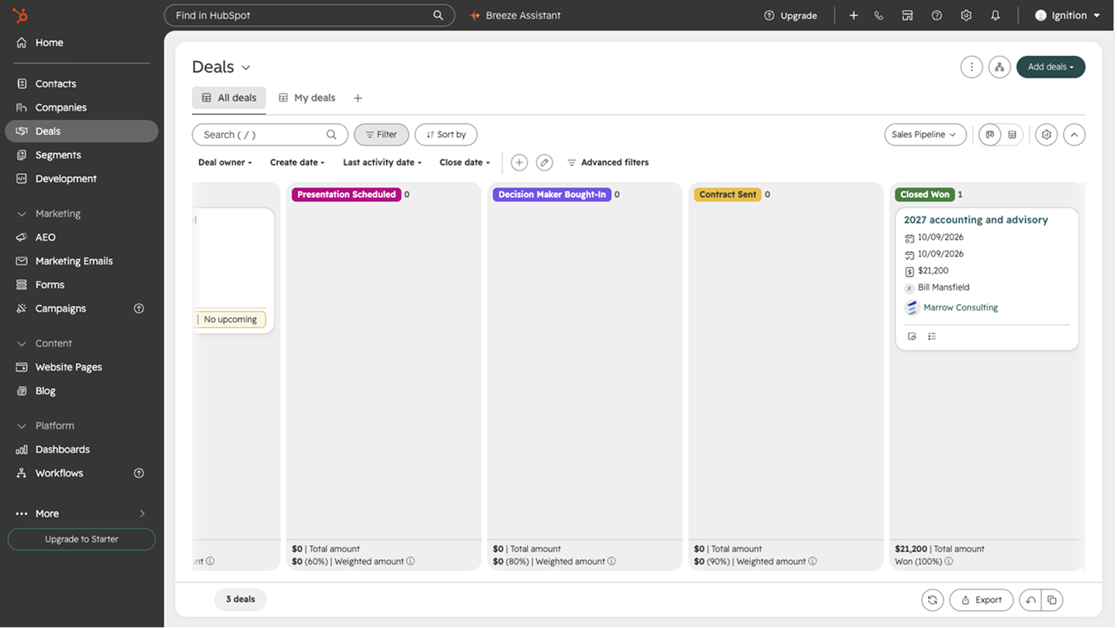 HubSpot deal moved to won with amount and close date from an accepted Ignition proposal
